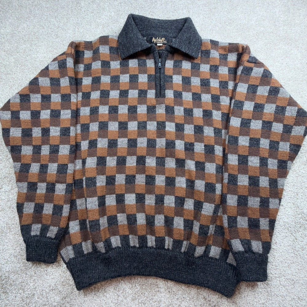 Apleks Mens Vintage 100% Wool Checkerboard Quarter Zip Polo Sweater  Large